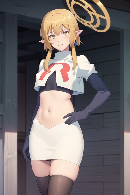 (Masterpiece), (realistic skin texture), extremely detailed, best quality, woman, short hair, blonde hair, yellow eyes, long twintails, pointy ears, halo, gold and purple earrings, team rocket,team rocket uniform,white skirt,red letter R,crop top,black thigh-highs,black elbow gloves