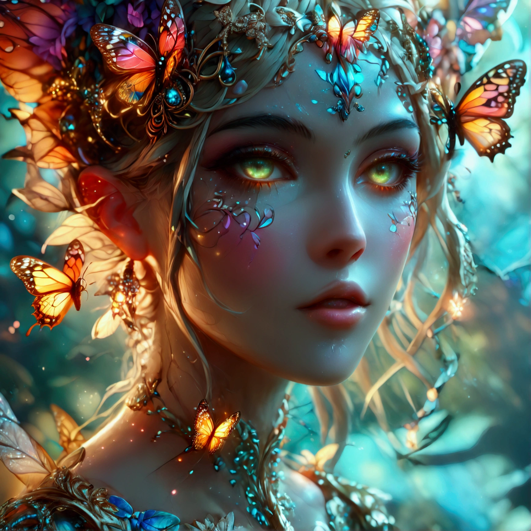 (Close-up of a woman with a butterfly costume:1.2), (fantasy art style:1.2), (ornate cosplay:1.2), (digital fantasy art:1.2), (Karol Bak UHD:1.2), (astral fairy:1.2), (colorful digital fantasy art:1.2), inspired by Hedi Xandt, fantasy art Behance, portrait of a fairy, vibrant fantasy style, (Ava Max:1.2), inspired by RossDraws, (masterpiece:1.4, best quality), (photo realistic:1.4), ethereal and magical, vibrant colors, intricate details, delicate brushstrokes, dynamic composition, rich textures, dramatic light and shadow, (glowing eyes:1.2), (detailed face:1.4), (expressive face:1.2), enchanting expression, surreal beauty, captivating features, otherworldly aura, perfect image quality, transcendent and unique