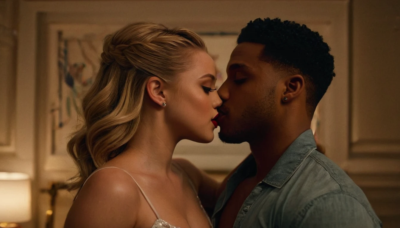 Lili Reinhart and a handsome African American male whose facial features are a combo of Kelvin Harrison, Jr. + Jordan Calloway + Nathan Mitchell share a steamy kiss inside a bedroom lit only by candlelight. Lili has lovely makeup on her face. Lili wears red lipstick. Nighttime. Romantic ambiance. Symmetrical eyes. Symmetrical faces. Lovely details. Photorealistic. Full-colored photo. Professional photo. Highly detailed 8K.