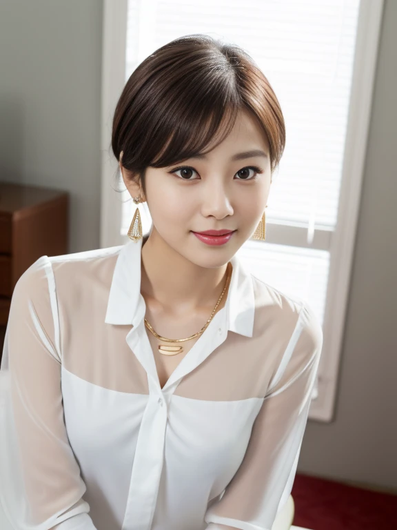 Close-up, sitting on a chair, Gorgeous Young Korean Woman, 1 girl 30 yeas old,　( short hair, brown hair, fringe,  Tears, Thin outer eyebrows, Small eyes、Eyes are small compared to the face、Narrow face,　red lip, little smile), (gold ring earring, gold neckless, silver eyeglass),(Chest visible, middle breasts, middle hip), (white blouse,White clothes are very transparent ),