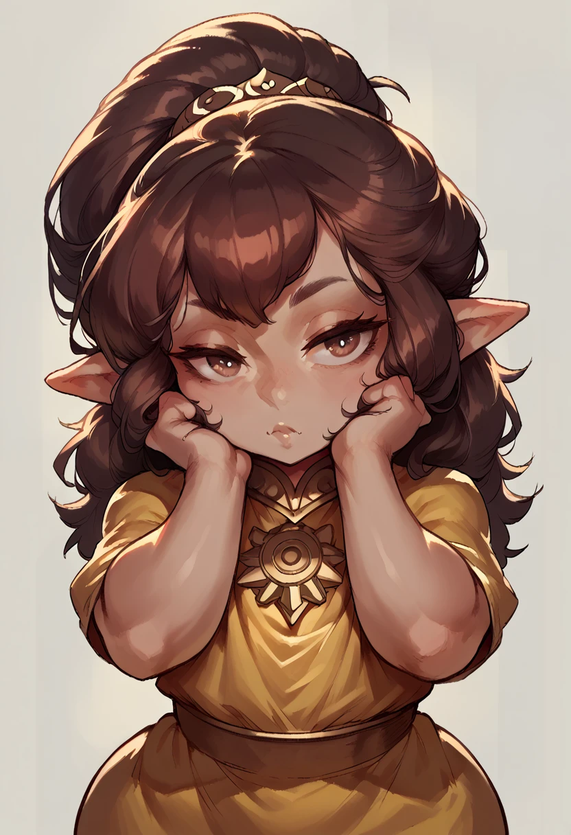a shortstack gnome with elf-like ears, dark brown styled up hair, wearing a golden dress, upper body portrait, voluptuous body, girl facing viewer, good hands, intricate detailed portrait, award-winning fantasy digital art, cinematic lighting, highly detailed, sharp focus, photorealistic, masterpiece