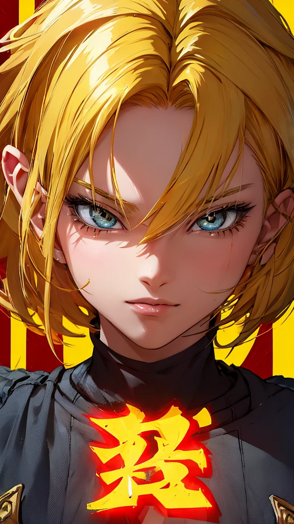Anime style illustration of a female character with yellow hair., smiling on a yellow background. The artwork features bright colors., Intricate details and sharp focus with high resolution and high level of detail. It has a perfect composition in anime art style with Japanese manga art style.. The rendering is of the best quality in the style of Akira Toriyama and Nyo.. --AR 21:32