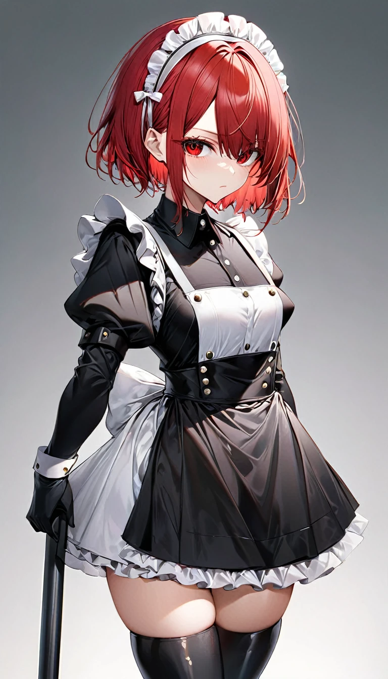 (masterpiece, Highest quality, Very detailed, Beautiful eyes Beautiful details Eyes, Clean and delicate face), alone, (Red Bob Hair, Red eyes), (Maid clothes, White maid headband, mini skirt), thigh, Black gloves, Military boots, (whole body, Standing posture, Glaring at the audience), Simple Background