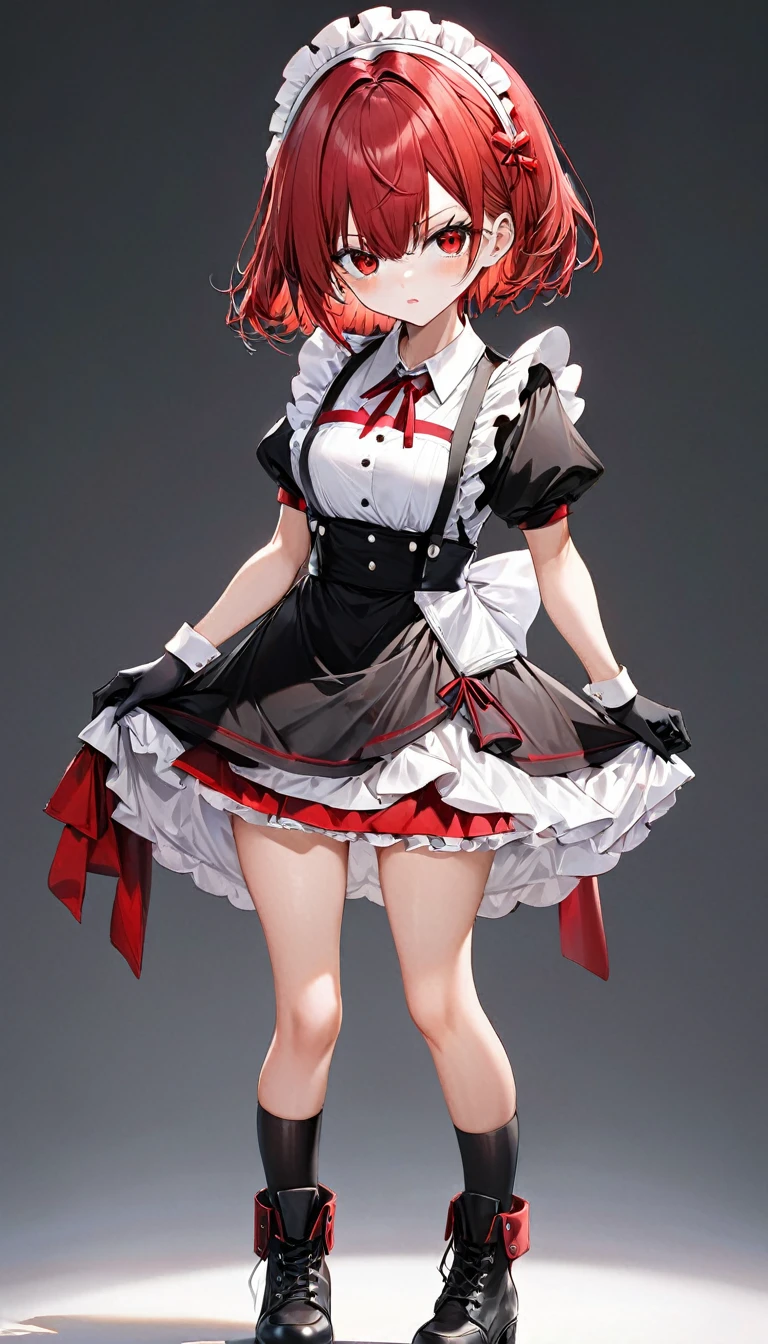 (masterpiece, Highest quality, Very detailed, Beautiful eyes Beautiful details Eyes, Clean and delicate face), alone, (Red Bob Hair, Red eyes), (Maid clothes, White maid headband, mini skirt), thigh, Black gloves, Military boots, (whole body, Standing posture, Glaring at the audience), Simple Background