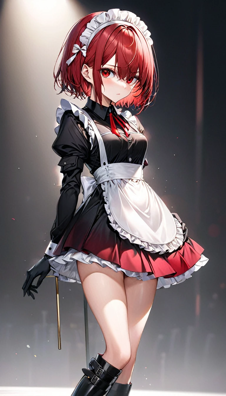 (masterpiece, Highest quality, Very detailed, Beautiful eyes Beautiful details Eyes, Clean and delicate face), alone, (Red Bob Hair, Red eyes), (Maid clothes, White maid headband, mini skirt), thigh, Black gloves, Military boots, (whole body, Standing posture, Glaring at the audience), Simple Background
