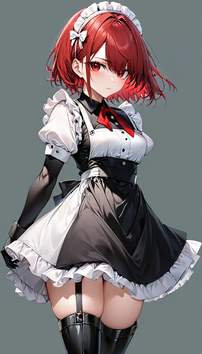 (masterpiece, Highest quality, Very detailed, Beautiful eyes Beautiful details Eyes, Clean and delicate face), alone, (Red Bob Hair, Red eyes), (Maid clothes, White maid headband, mini skirt), thigh, Black gloves, Military boots, (whole body, Standing posture, Glaring at the audience), Simple Background