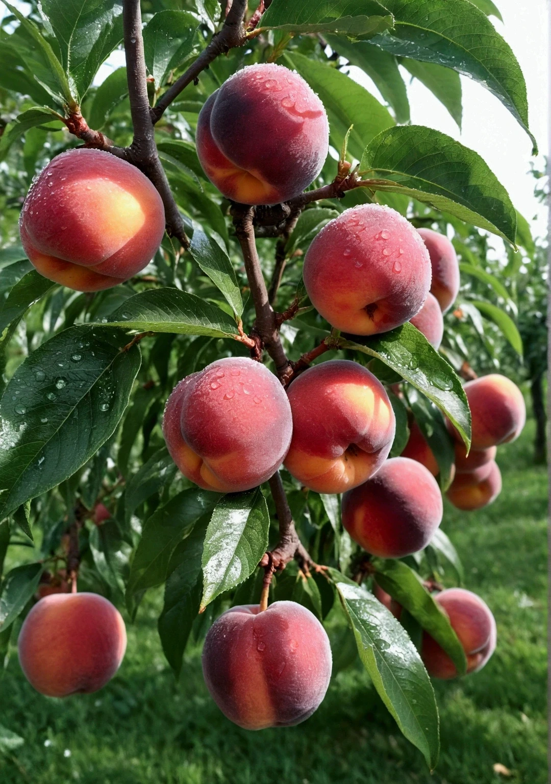 Close-up of many pure red delicate peaches hanging on the tree,The background is the early morning sun,The shooting angle is upward shooting,There are many small water drops on the peach,very beautiful,Real photography,best quality, high resolution,masterpiece,High Detail,16K