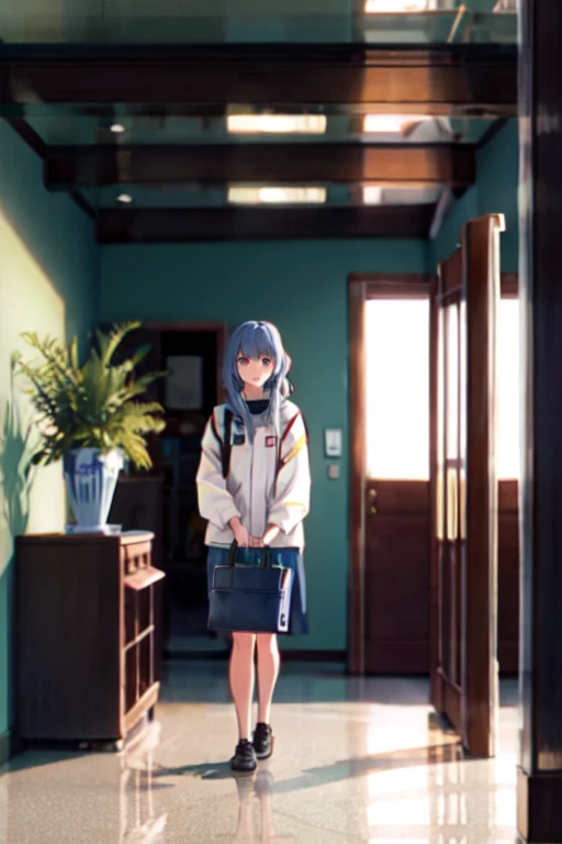 A girl around 13 years old, a little more mature, active and casually dressed, with medium-long light ash blue hair and beautiful jade-colored almond eyes, about 125cm tall, in the lobby of an outer space relay spaceport, there are a moderate number of people behind her, a check-in counter in the far right, a potted plant, a planet visible through the window to the left, she is holding a travel bag, standing to the right, facing left and looking out the window
