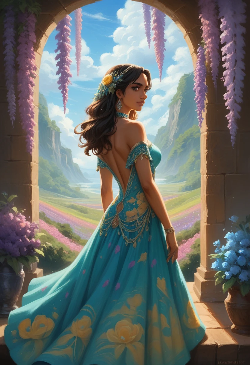 Wisteria flowers, on the cloudy sky, with a colorful dress, digital art fantasy, fantasy painterly style, colorful digital fantasy art, glowing lights! digital painting, Indian girl with glowing flowers dress, digital art fantasy art, light effect. modern fantasy, dreamlike digital painting, fantasy digital art, fantasy digital painting, beautiful digital artwork