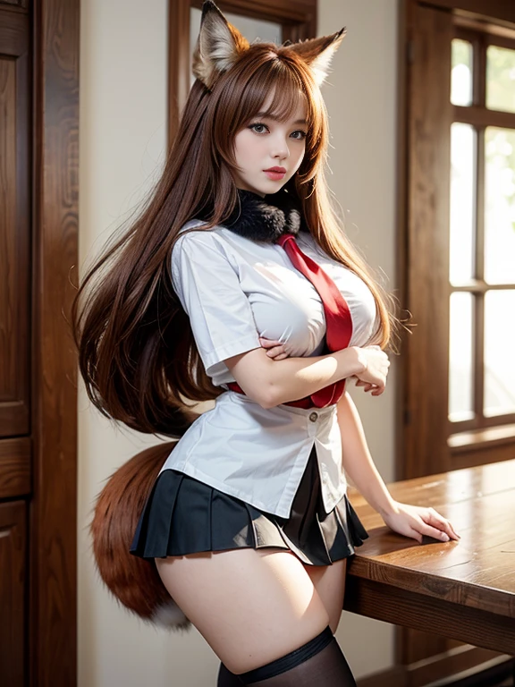 ((Highest quality, 8k)), ((masterpiece)), (Highest Resolution), Perfect Face, fox girl, high school girl, Beautiful woman, public, Has one tail, She has thick thighs, a large tail, She has a red fox tail, She wags her tail, Troubled face, fur collar, She wears a short skirt, Beautiful Hips , Big Breasts, The skirt is rolled up with a big tail