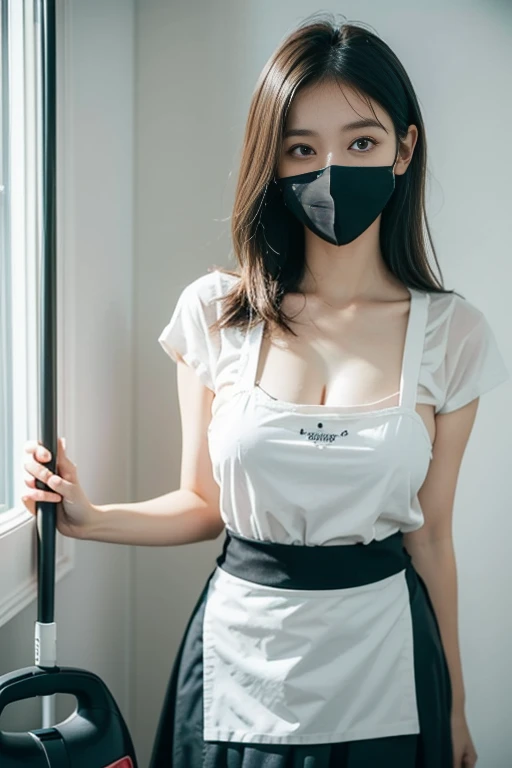 (Clear Line:1.1, Stylish illustrations:1.2, clear and beautiful:1.2), (Elaborated her hand), (Detailed her fingers), (Detailed her arms), ((Black Apron, Light grey shirt, White latex panties, White Mouth Mask)), She is a young housekeeper dispatched to a housekeeping service. she is about 20 years old. She has a stick cleaner and、、Cleaning the room. The room is cluttered. The window is open. She has light brown medium hair、Bangs are asymmetrical. She has a slender face, cute large eyes, White Mouth Mask,vacuum cleaner、Cleaning break she is simple, Unadorned black apron. Because her apron is so short、I see her crotch in front of me. She wears a collared, Short Sleeve Light Grey Shirt and Low Rise White Latex Panties. She is minimalistic, Monotone fashion. Her tall, kindly smile. She will get to work soon. Her massive breasts protrude slightly from a black cotton apron. You can see her very tiny white latex panties and her beautiful thighs. She has very long legs, Engaging and intelligent. Bare arms, little sweat, ((White Mouth Mask)), All White Room, White wall, Stylish monochrome interior, (Hentai), (pantyshot), ((Super Complex Blue Sapphire Round Big Eye)), Detailed blue eyes, (Eye Highlights:1.3), makeup, gently smiling, Very very short apron, Black Apron, Low-rise latex panties, Tiny white panties, Slender body, Large chest, Crotch area, (Cameltoe), From below, low-angle view, Looking down, blush:0.7, ((White Mouth Mask)), 1young girls, Solo, window. day, Holds the stick cleaner, Short sleeves, Light grey shirt, Bare arms, (((masutepiece))), (((Best Quality))), ((Ultra-detailed)), ((Illustration)), ((Ultra-detailed)), (Beautiful detailed eyes), Ultra-detailed eyes,((Twisting the skirt:1.4))、Pussy、tits out、large full breasts、cleavage of the breast, SFW)