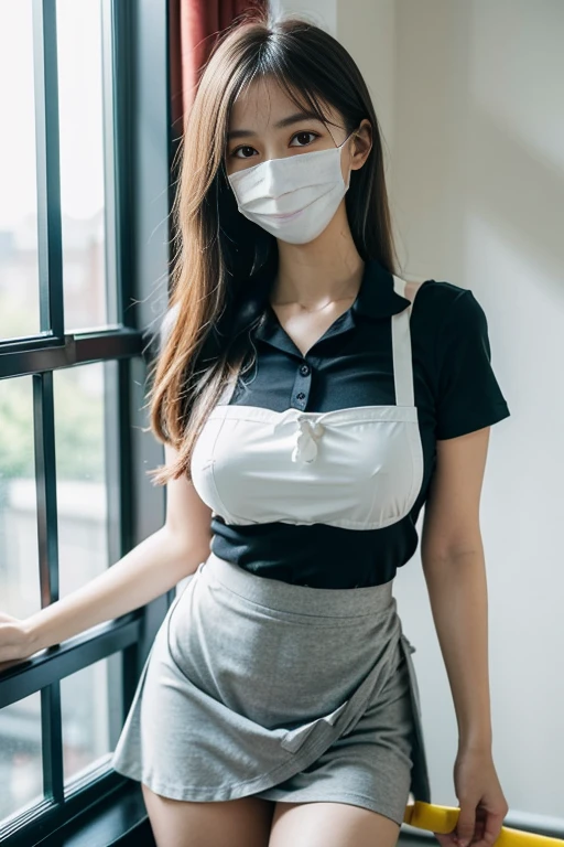 (Clear Line:1.1, Stylish illustrations:1.2, clear and beautiful:1.2), (Elaborated her hand), (Detailed her fingers), (Detailed her arms), ((Black Apron, Light grey shirt, White latex panties, White Mouth Mask)), She is a young housekeeper dispatched to a housekeeping service. she is about 20 years old. She has a stick cleaner and、、Cleaning the room. The room is cluttered. The window is open. She has light brown medium hair、Bangs are asymmetrical. She has a slender face, cute large eyes, White Mouth Mask,vacuum cleaner、Cleaning break she is simple, Unadorned black apron. Because her apron is so short、I see her crotch in front of me. She wears a collared, Short Sleeve Light Grey Shirt and Low Rise White Latex Panties. She is minimalistic, Monotone fashion. Her tall, kindly smile. She will get to work soon. Her massive breasts protrude slightly from a black cotton apron. You can see her very tiny white latex panties and her beautiful thighs. She has very long legs, Engaging and intelligent. Bare arms, little sweat, ((White Mouth Mask)), All White Room, White wall, Stylish monochrome interior, (Hentai), (pantyshot), ((Super Complex Blue Sapphire Round Big Eye)), Detailed blue eyes, (Eye Highlights:1.3), makeup, gently smiling, Very very short apron, Black Apron, Low-rise latex panties, Tiny white panties, Slender body, Large chest, Crotch area, (Cameltoe), From below, low-angle view, Looking down, blush:0.7, ((White Mouth Mask)), 1young girls, Solo, window. day, Holds the stick cleaner, Short sleeves, Light grey shirt, Bare arms, (((masutepiece))), (((Best Quality))), ((Ultra-detailed)), ((Illustration)), ((Ultra-detailed)), (Beautiful detailed eyes), Ultra-detailed eyes,((Twisting the skirt:1.4))、Pussy、tits out、large full breasts、cleavage of the breast, SFW)