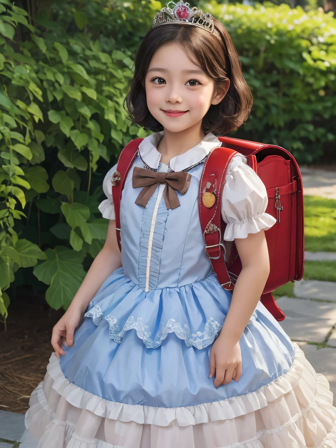 masterpiece, best quality, highres, 1girl, , solo, brown hair, short hair, brown eyes, mole under eye, cowboy shot,, princess dress, princess Costume,bowtie, smile (princess:1.2), frilled dress, tiara, castle, outdoor, garden, wearing randoseru backpack, (randoseru backpack:1.2)