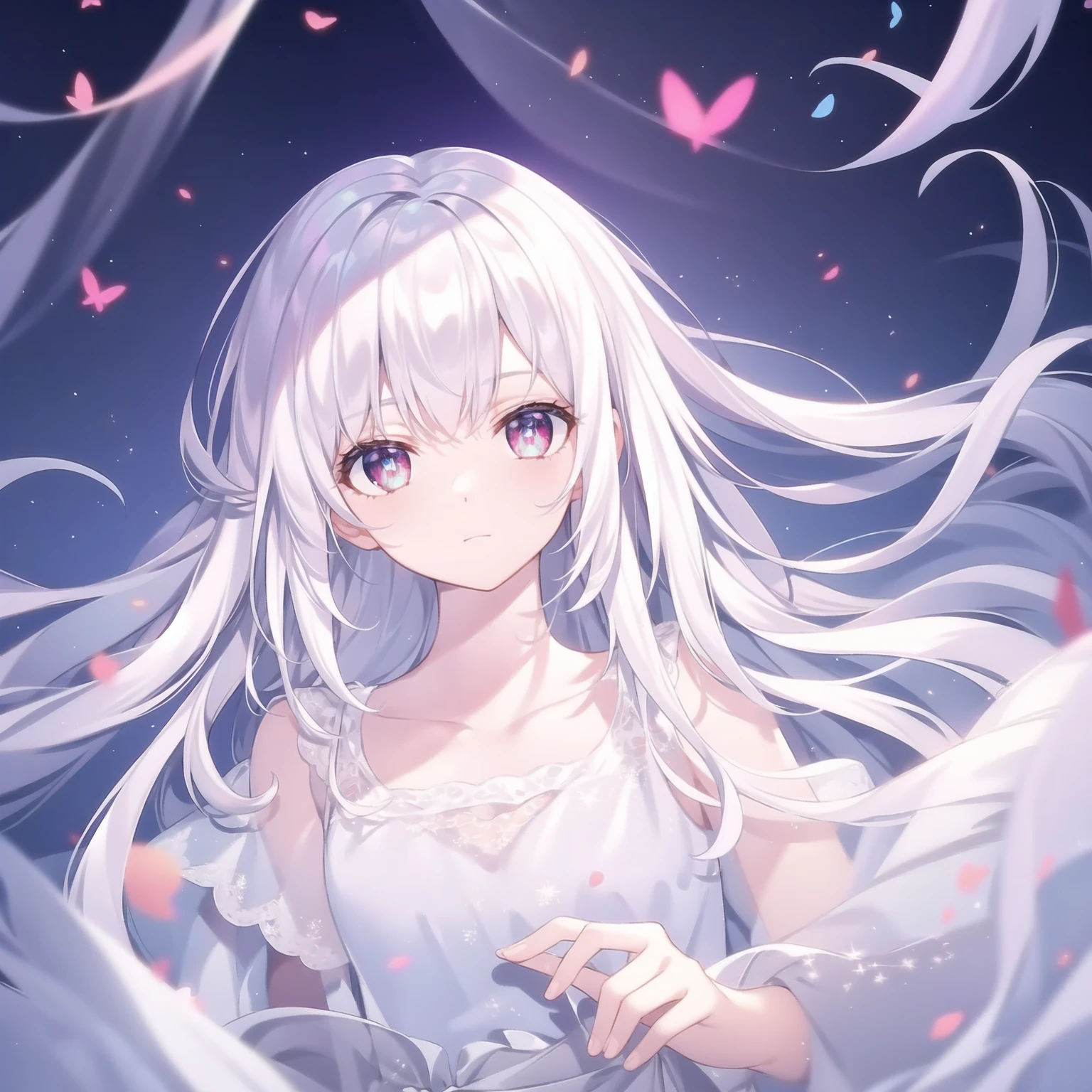((masterpiece, best quality))++, Detailed lighting+, Detailed hair+, Detail hand+ ,1 girl, Miss, Long hair, Crimson eyes, beautiful eyes, young white hair,,(Beautiful white hair:1.5),(Beautiful and delicate eyes), high resolution+,glass tint, Reflective eyes, {{angle}} , Very detailed wallpaper, The original, Air bangs,Extremely beautiful CG,Firefly,Galaxy,Shattered like a mirroghting,Galaxy