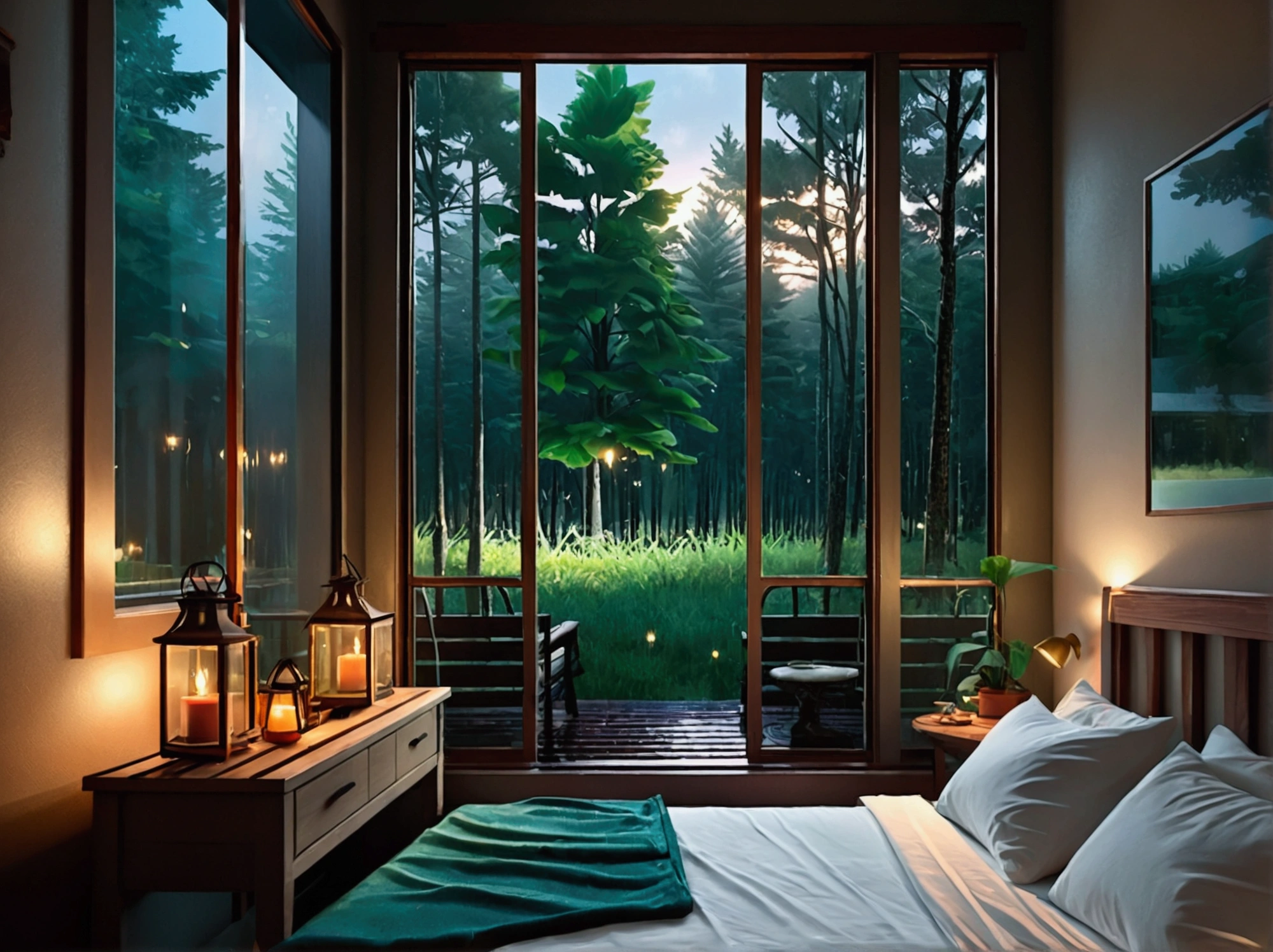 high resolution, high definition, high quality, landscape, realistic, log cabin, outside window, dark sky outside with cold rain, dark outside lighting, rain, fireplace, bed with green sheets, cool mood lighting, view side from the perspective of the bed, torch light in the house, bed on the left side. one bed, side perspective, tall pine forest outside, magic warm lights, magic floating candles, rainy season outside, green forest, long bed, no lamps or modern lamps, close to the bed perspective.