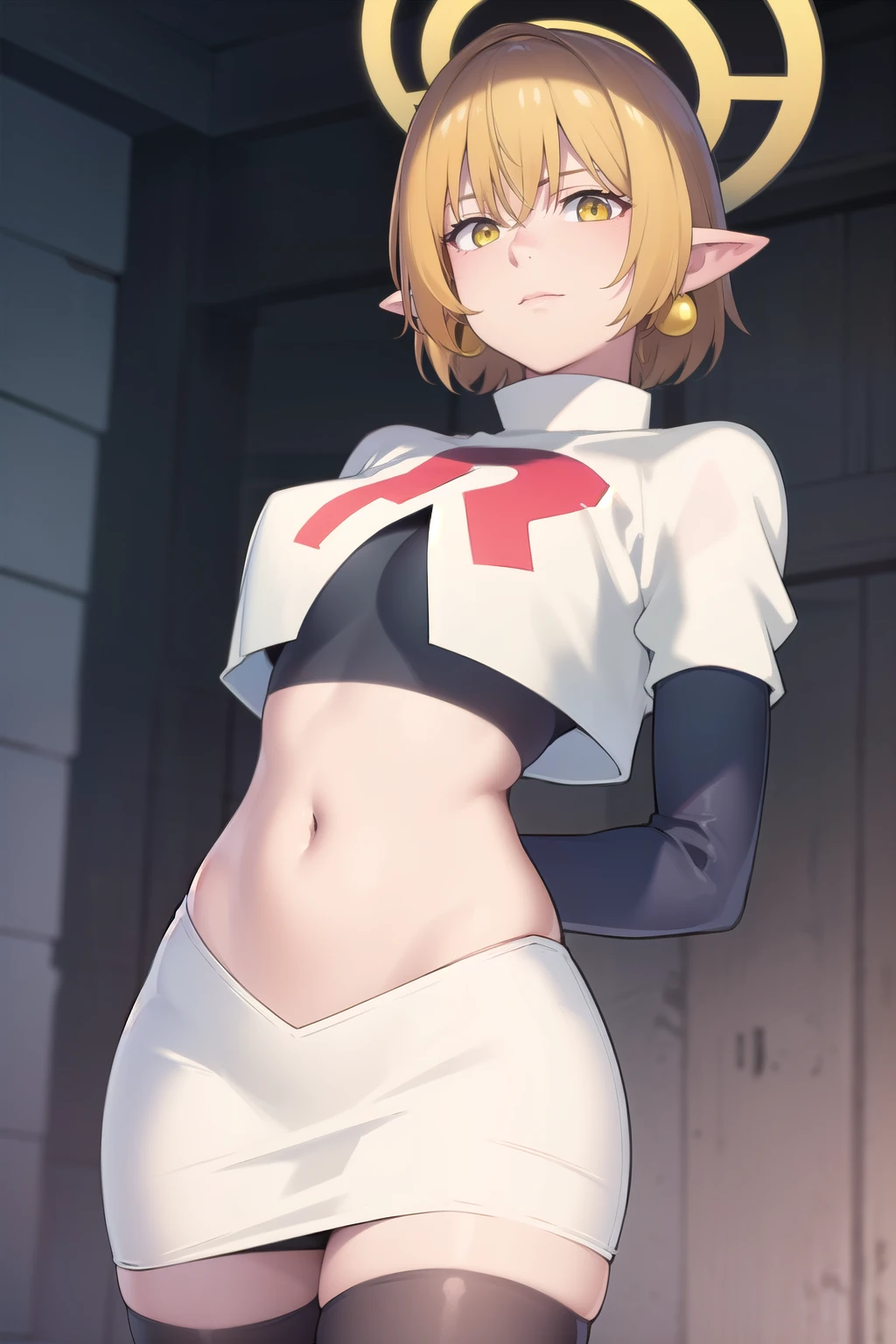 (Masterpiece), (realistic skin texture), extremely detailed, best quality, woman, short hair, blonde hair, yellow eyes, long twintails, pointy ears, halo, gold and purple earrings, team rocket,team rocket uniform,white skirt,red letter R,crop top,black thigh-highs,black elbow gloves