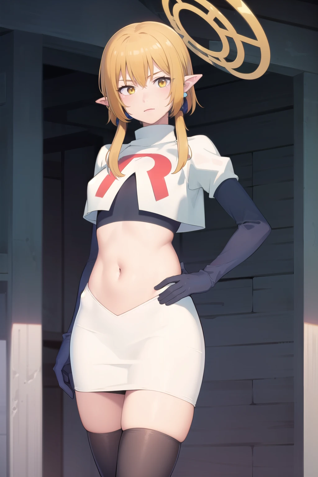 (Masterpiece), (realistic skin texture), extremely detailed, best quality, woman, short hair, blonde hair, yellow eyes, long twintails, pointy ears, halo, gold and purple earrings, team rocket,team rocket uniform,white skirt,red letter R,crop top,black thigh-highs,black elbow gloves