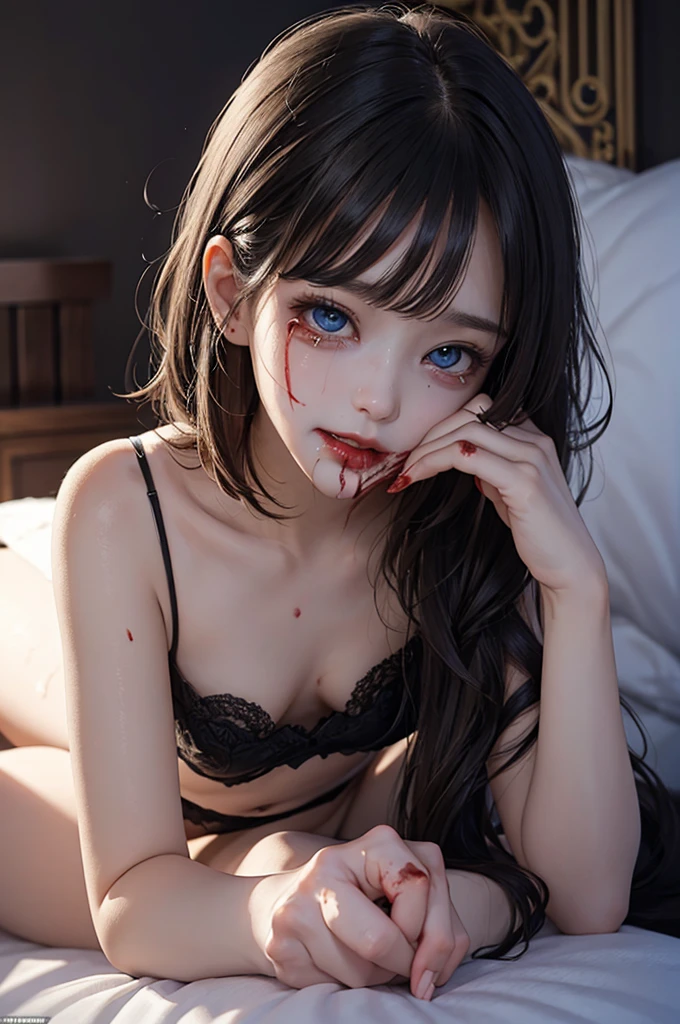 Highest quality, masterpiece, look up, cute,(Horror),(((Beautiful zombie girl))),(Dead),Trying to bite,(((Bleeding,Injured))),(((Shedding tears of blood))),((口からBleeding)),((Covered in blood)),((I was bitten all over by zombies)),((Sexy)),(sexy),((Small breasts)),(Baby Face),(Middle school students),Black Hair,Bobcut,(((Masturbation))),(((Blowjob))),(((Sex,sexual behavior))),((semen)),Beautiful Style,((Lower body exposed)),((Pale skin)),(Sensual look),Embarrassed,Sexy表情,Expressions of delight,Crazy Smile,((Ahegao)),(Dark atmosphere),(Dark atmosphere,fear),((Dim lighting)),(On the bed)
