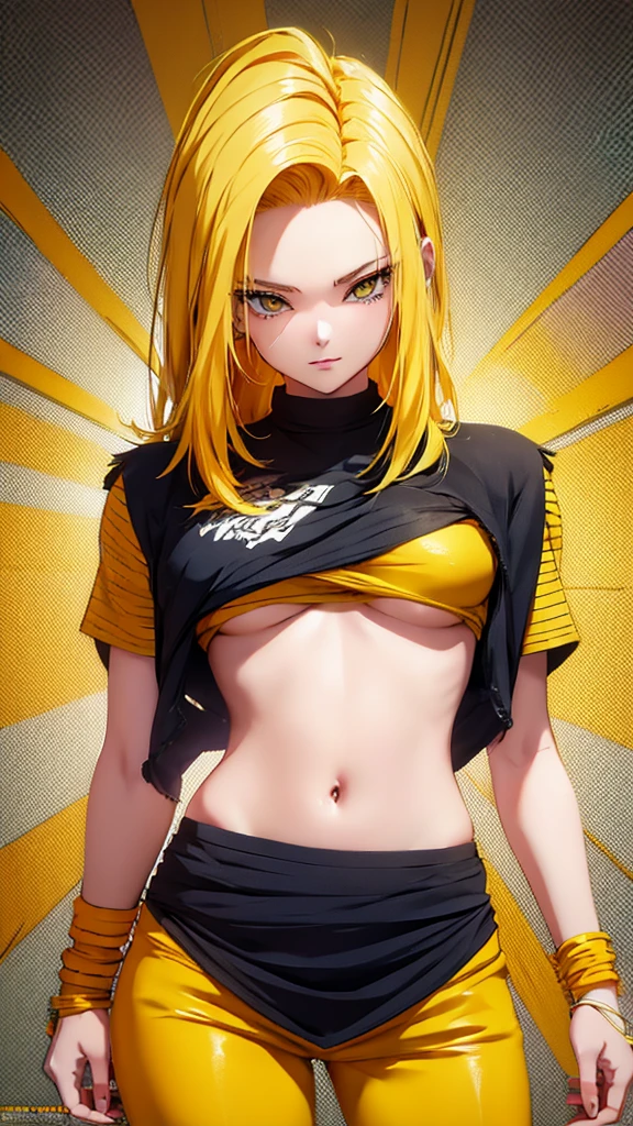 Anime style illustration of a female character with yellow hair., smiling on a yellow background. The artwork features bright colors., Intricate details and sharp focus with high resolution and high level of detail. It has a perfect composition in anime art style with Japanese manga art style.. The rendering is of the best quality in the style of Akira Toriyama and Nyo.. --AR 21:32