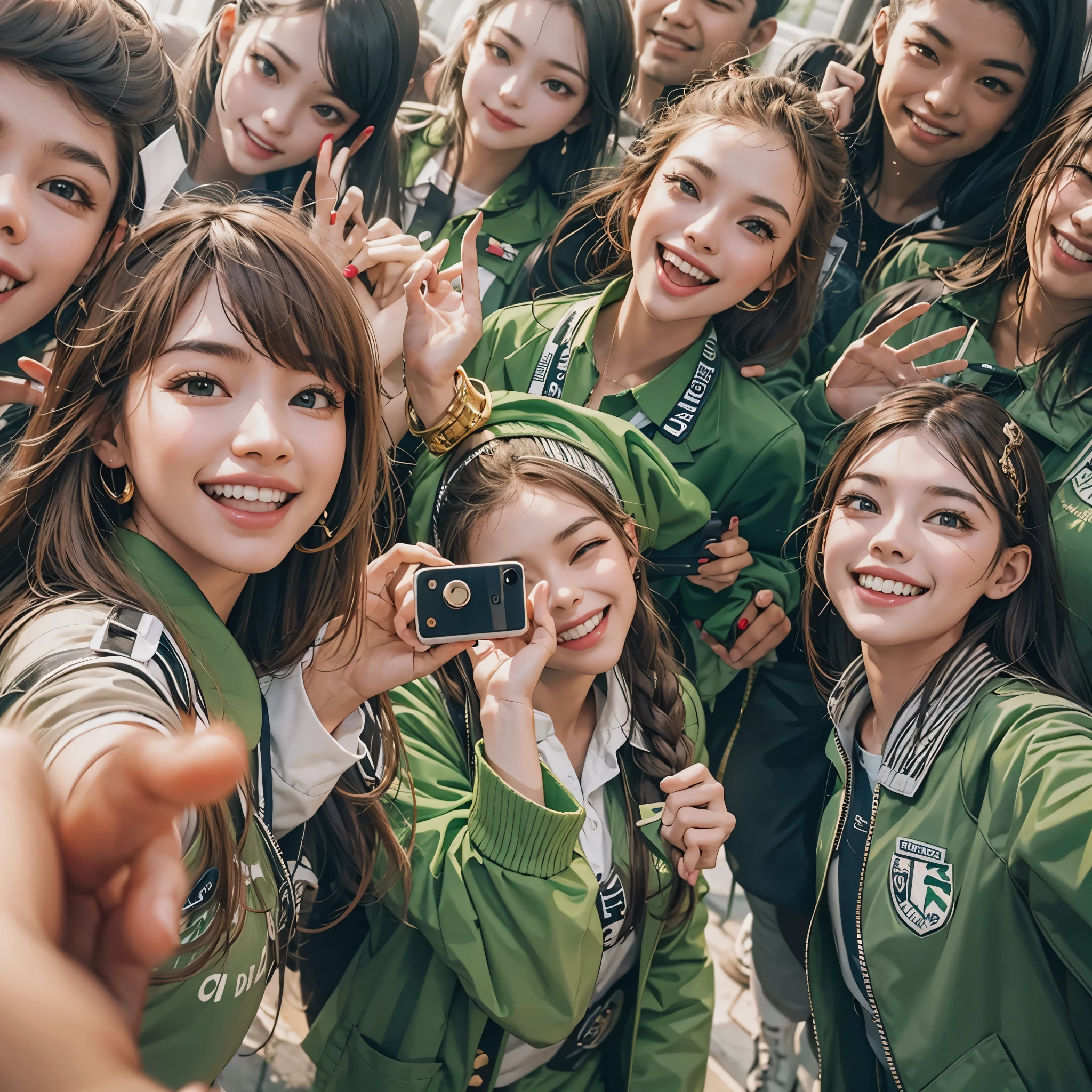 A high school girl in a green uniform, who is the popular leader of her class with a gal-like vibe. She is confidently taking a selfie with her smartphone while recording a video with her friends. The scene captures her charismatic and stylish presence as she poses and interacts with her peers, who are also having fun and participating in the video. The background shows a casual and lively setting, emphasizing her role as a trendsetter and leader.
