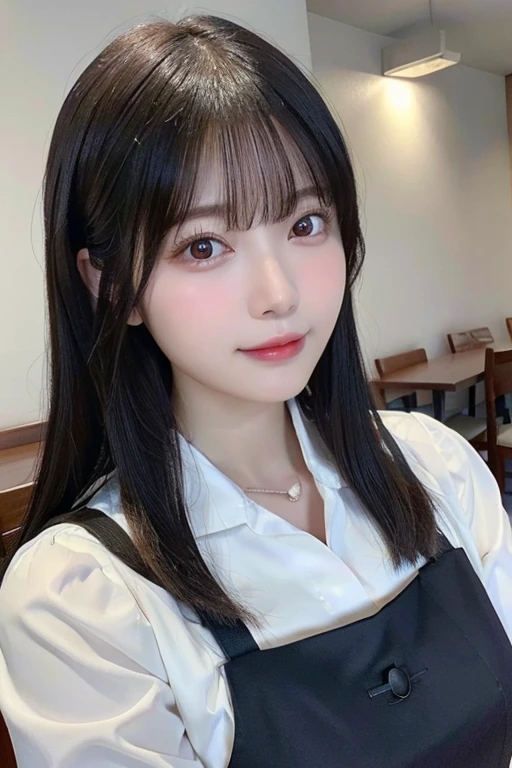(top-quality,masterpiece:1.3,超A high resolution,),(ultra-detailliert,Caustics),(Photorealsitic:1.4,RAW shooting,)Ultra-realistic capture,A highly detailed,High resolution 16K human skin closeup。 Skin texture is natural、,The pores are、Must be detailed enough to be easy to identify。 Skin should look healthy with even tones。 Use natural light and color,resturant,(Waitress uniform with open chest),1人,japanes,20yr old,kawaii,A dark-haired,Middle hair,large boob,smil,Turn your body to the front,(front-facing view:1.1),Looking at the camera,cowboy shot,(Gaze),boob focused,Close-up of breasts