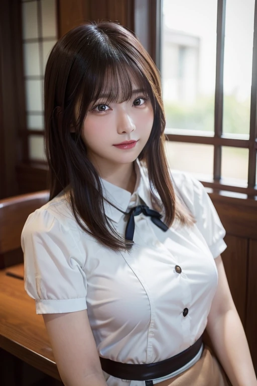 (top-quality,masterpiece:1.3,超A high resolution,),(ultra-detailliert,Caustics),(Photorealsitic:1.4,RAW shooting,)Ultra-realistic capture,A highly detailed,High resolution 16K human skin closeup。 Skin texture is natural、,The pores are、Must be detailed enough to be easy to identify。 Skin should look healthy with even tones。 Use natural light and color,resturant,(Waitress uniform with open chest),1人,japanes,20yr old,kawaii,A dark-haired,Middle hair,large boob,smil,Turn your body to the front,(front-facing view:1.1),Looking at the camera,cowboy shot,(Gaze),boob focused,Close-up of breasts
