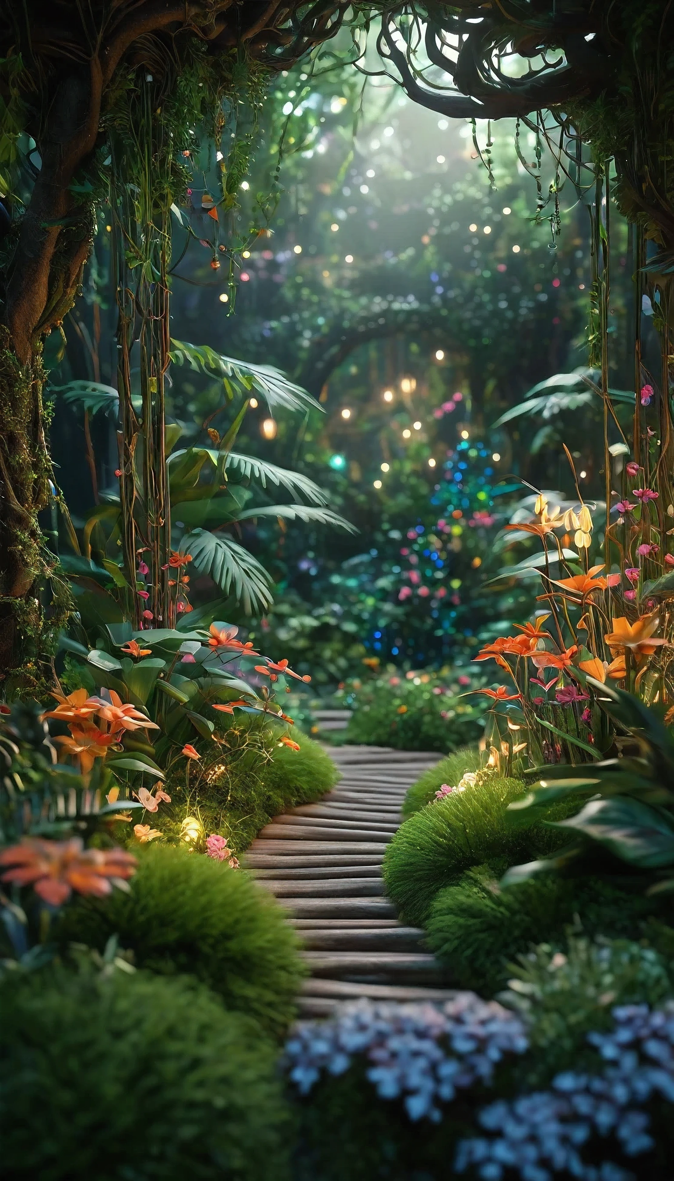 Enchanting magical rainforest miniature, ultra-realistic 3D render, low-key mood, soft warm lighting, colorful delicate flowers, softly lit branches, depth of field, cinematic lighting, intricate details, whimsical touch, wide landscape view, sharp focus, super complex design, outstanding quality, detailed craftsmanship, lush greenery, vibrant flora, mystical ambiance, high-resolution, fantasy art, by top 3D rendering artist, ArtStation.