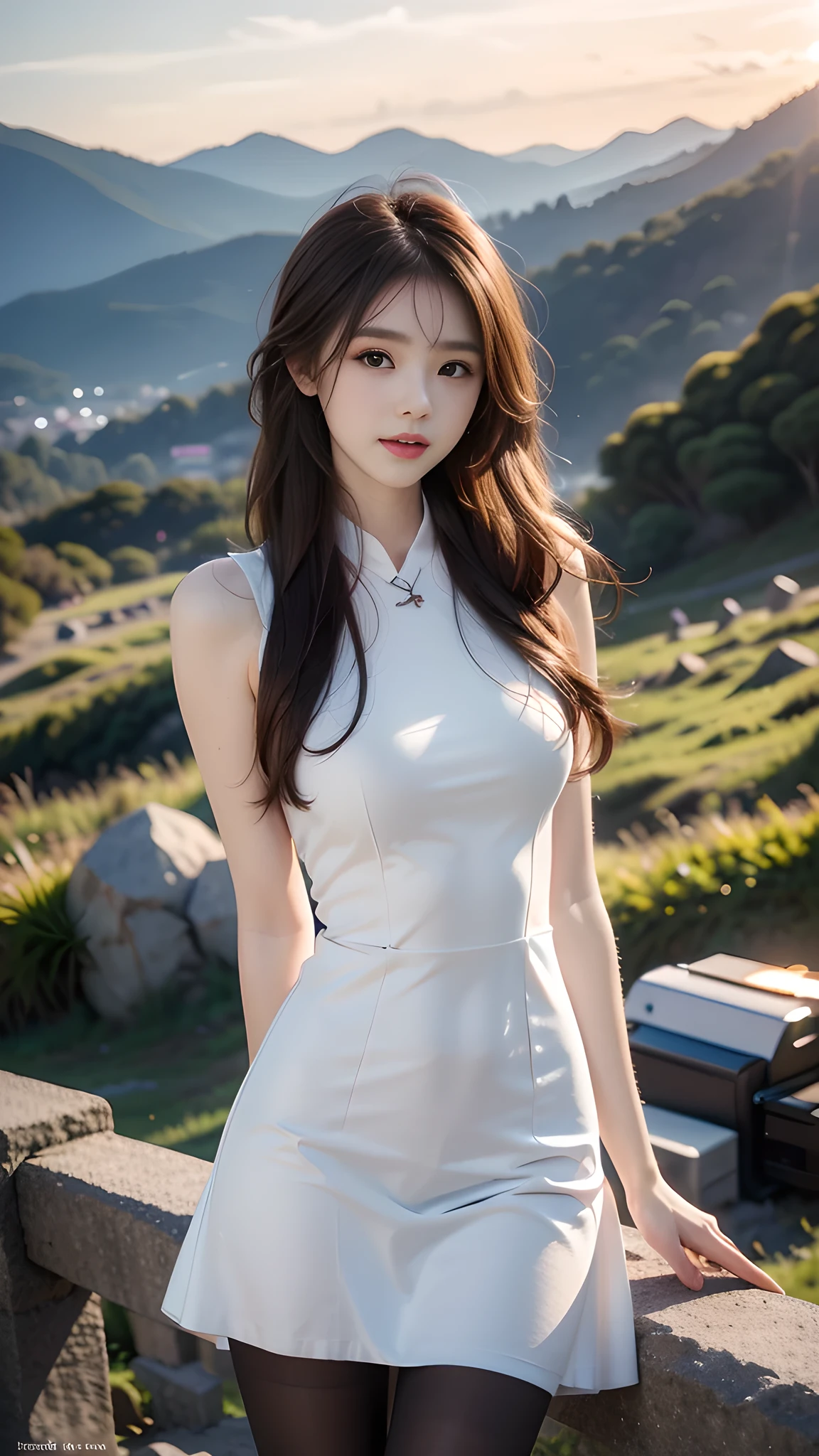 ulzzang-6500-v1.1, (RAW Photos:1.2), (Photorealistic), (Genuine:1.4), 1girl、Perfect Anatomy、18 years old、Looking at the camera、Medium Long Hair、dress, ((in the mountains at sunset :1.1))、(Ultra-realistic pantyhose:1.2), (Business services)、Asian Eyes Ella,