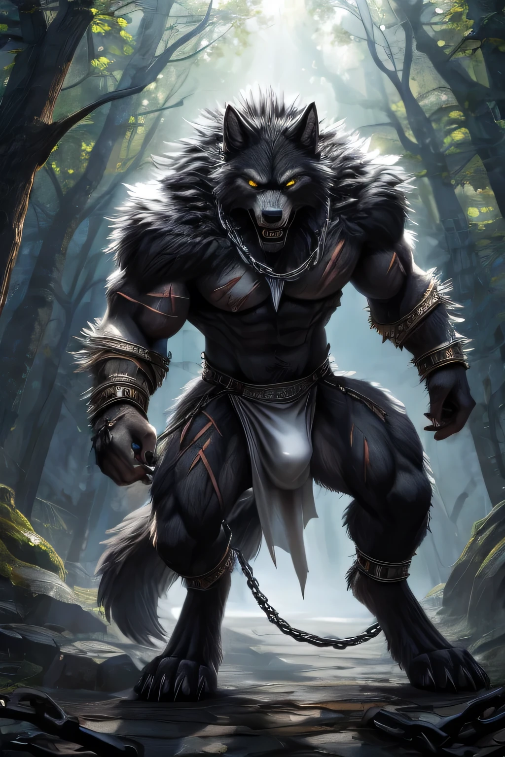 close up, furry, the second, giant werewolf,wolf ears,wolf tail, dark gray and white fur, messy fur, loose collar, bright yellow eyes, razor sharp teeth, muscled body, elegant, monstrous, high, standing straight, growling, in an enchanted forest, day time, alone, wearing a black and silver loincloth with a bulge , a silver chain around his neck and broken silver shackles with broken chains around his wrists and ankles, body covered in scars, pads, black pads, Best Quality, 4k, HD, masterpiece,