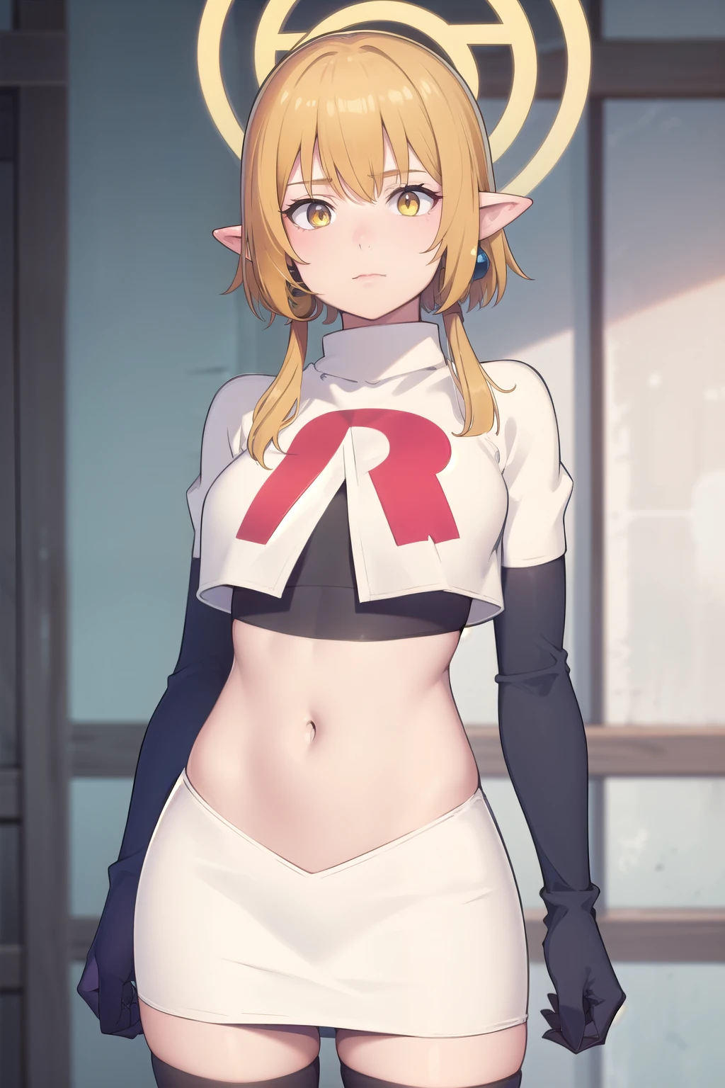 (Masterpiece), (realistic skin texture), extremely detailed, best quality, woman, short hair, blonde hair, yellow eyes, long twintails, pointy ears, halo, gold and purple earrings, team rocket,team rocket uniform,white skirt,red letter R,crop top,black thigh-highs,black elbow gloves