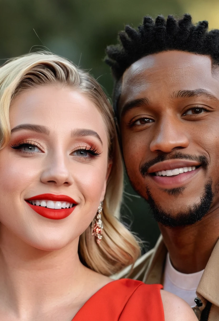 Lili Reinhart and a handsome African American male whose facial features are a combo of Kelvin Harrison, Jr. + Jordan Calloway + Nathan Mitchell pose together for a photo. Both are smiling. Both are attired attractively but casually for a date. Lili has lovely makeup on her face. Lili wears red lipstick. Daytime. Romantic ambiance. Symmetrical eyes. Symmetrical faces. Lovely details. Photorealistic. Full-colored photo. Professional photo. Highly detailed 8K.