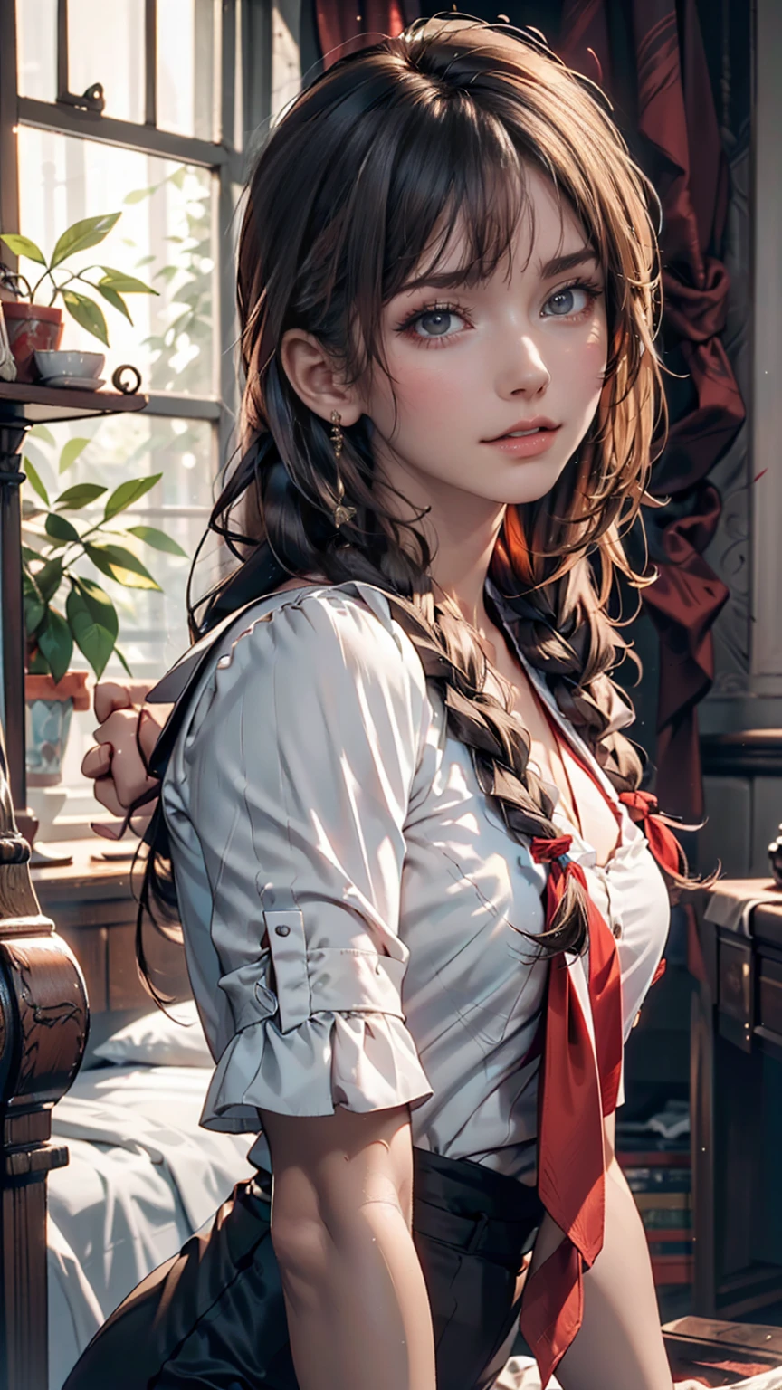 (8k, High resolution, High resolution), ((((photograph, RAWphotograph, Hyperrealism, masterpiece, Highest quality, ultra High resolution)))), (Pin Light, Backlight, Backlight, Cinematic Light), Sharp focus:1. 4, (Hyper Detail, In detail), face close, close,, One girl, Oval face with cat-like eyes, Small, plump lips, Straight and pretty nose, Cheekbones are slightly red, Thick eyebrows and long, beautiful eyelashes、Double braid in low position((low twin braids))、Silver Hair、Tie with ribbon