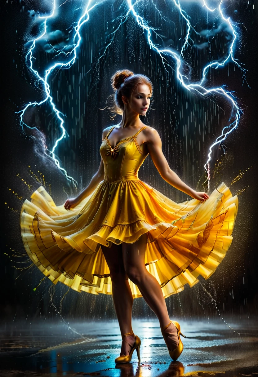 a portrait of female classical ballet prima ballerina dancing in the rain, a full body picture ((anatomically correct: 1.5)) of a exquisite beautiful female dancer wearing silk evening dress, intricate dress dynamic hair color, dynamic hair style, dynamic skin complexion, wearing ballet shoes, wearing thigh highs, ((she is standing in the middle of the rain storm: 1.5)),  she is wet, yet enjoys the dance in the rain, cloudy night, lightning storm, dynamic background, vibrant, Ultra-high resolution, High Contrast, (masterpiece:1.5), highest quality, Best aesthetics), best details, best quality, highres, 16k, (ultra detailed: 1.5), masterpiece, best quality, (extremely detailed) RAW, (ultra details, Masterpiece, best quality), Cinematic Hollywood Film, artxldnc, princess dress