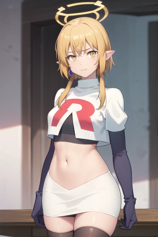 (Masterpiece), (realistic skin texture), extremely detailed, best quality, woman, short hair, blonde hair, yellow eyes, long twintails, pointy ears, halo, gold and purple earrings, team rocket,team rocket uniform,white skirt,red letter R,crop top,black thigh-highs,black elbow gloves