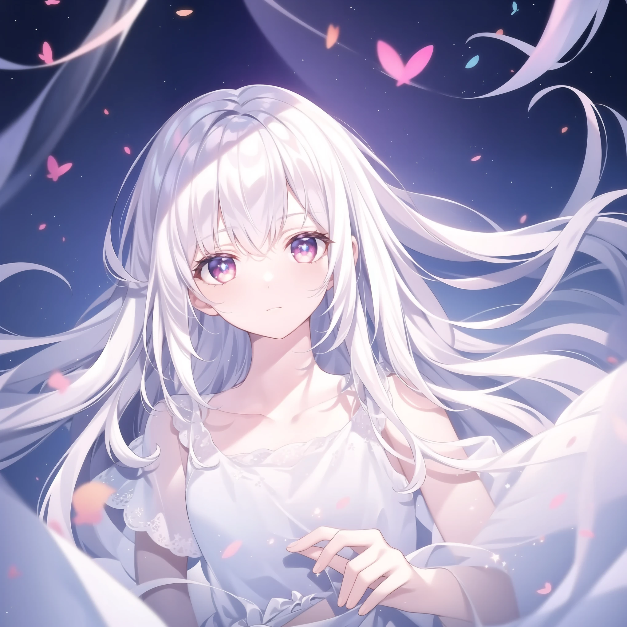 ((masterpiece, best quality))++, Detailed lighting+,  Detailed hair+, Detail hand+ ,1 girl, Miss, Long hair,   Crimson eyes,  beautiful eyes, young white hair,,(Beautiful white hair:1.5),(Beautiful and delicate eyes),  high resolution+,glass tint, Reflective eyes,   {{angle}} , Very detailed wallpaper, The original, Air bangs，Extremely beautiful CG，Firefly，Galaxy，Shattered like a mirroghting，Galaxy