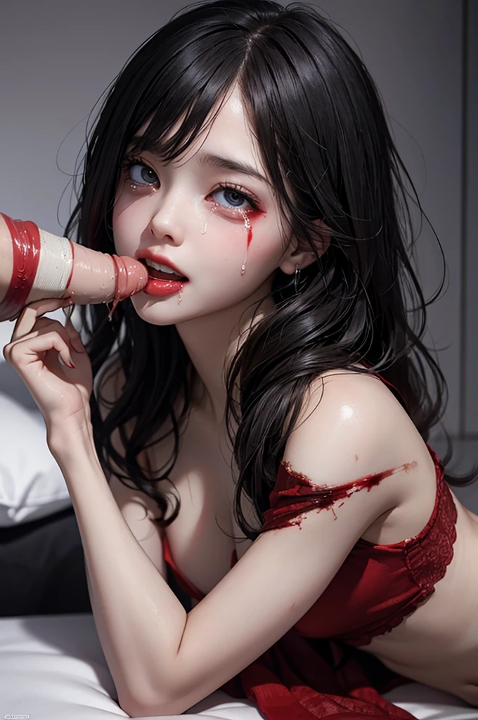 Highest quality, masterpiece, look up, cute,(Horror),(((Beautiful zombie girl))),(Dead),Trying to bite,(((Bleeding,Injured))),(((Shedding tears of blood))),((口からBleeding)),((Covered in blood)),((I was bitten all over by zombies)),((Sexy)),(sexy),((Small breasts)),(Baby Face),(Middle school students),Black Hair,Bobcut,(((Masturbation))),(((Blowjob))),(((Sex,sexual behavior))),((semen)),Beautiful Style,((Lower body exposed)),((Pale skin)),(Sensual look),Embarrassed,Sexy表情,Expressions of delight,Crazy Smile,((Ahegao)),(Dark atmosphere),(Dark atmosphere,fear),((Dim lighting)),(On the bed)