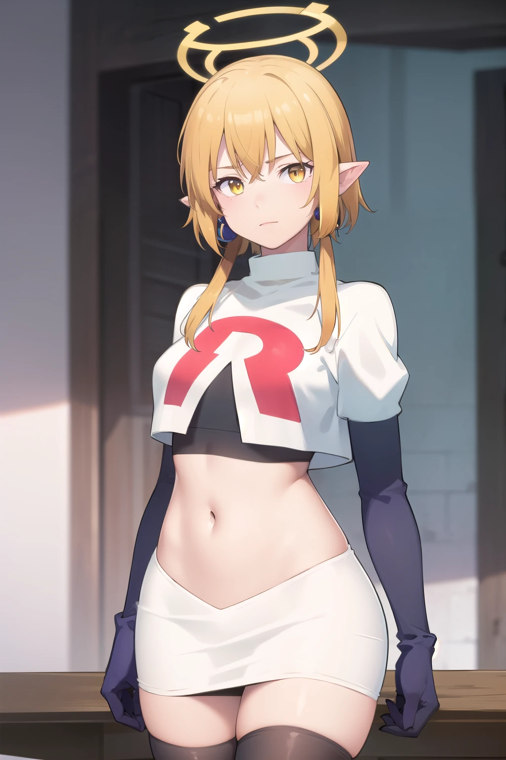 (Masterpiece), (realistic skin texture), extremely detailed, best quality, woman, short hair, blonde hair, yellow eyes, long twintails, pointy ears, halo, gold and purple earrings, team rocket,team rocket uniform,white skirt,red letter R,crop top,black thigh-highs,black elbow gloves