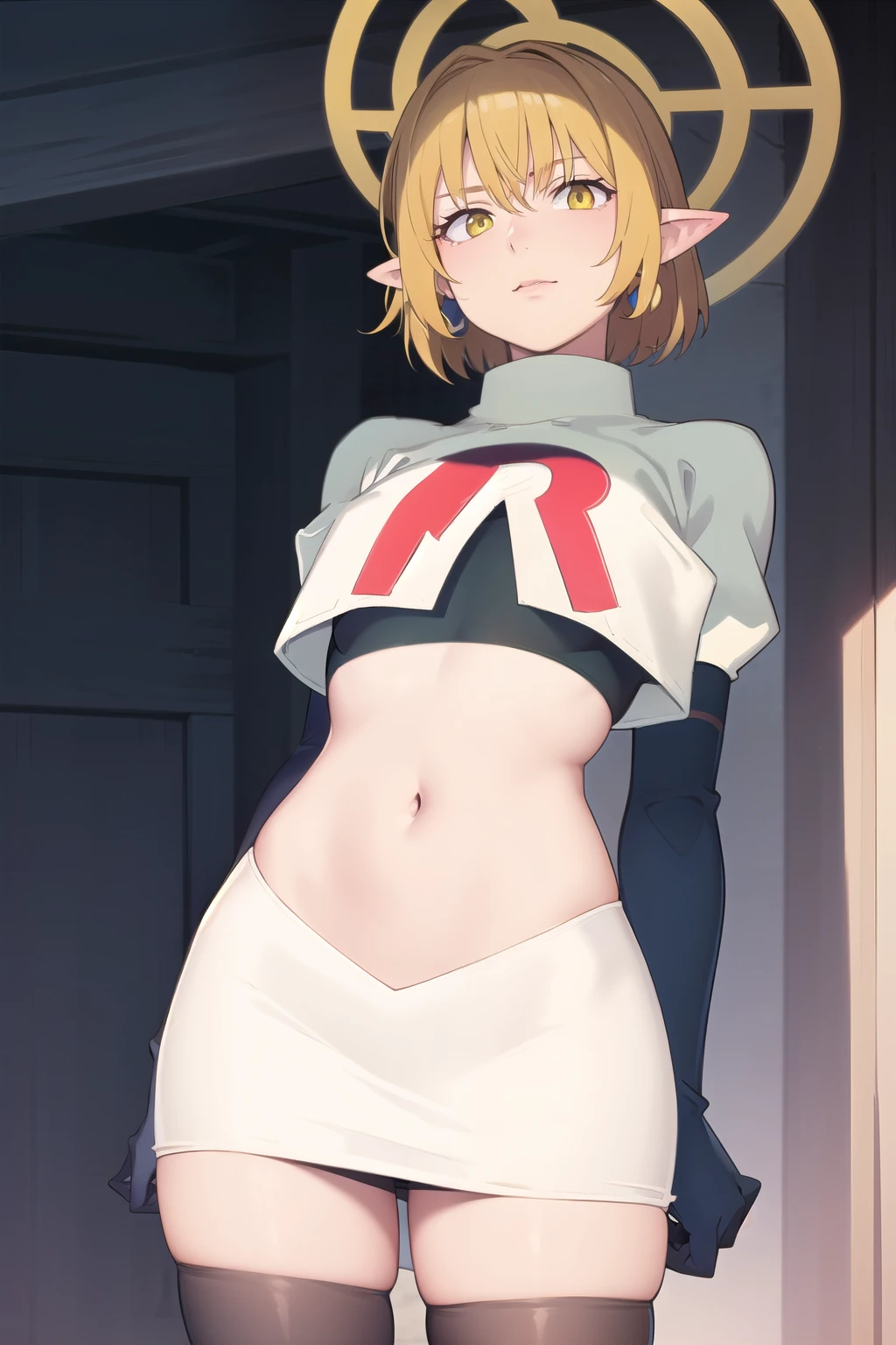 (Masterpiece), (realistic skin texture), extremely detailed, best quality, woman, short hair, blonde hair, yellow eyes, long twintails, pointy ears, halo, gold and purple earrings, team rocket,team rocket uniform,white skirt,red letter R,crop top,black thigh-highs,black elbow gloves