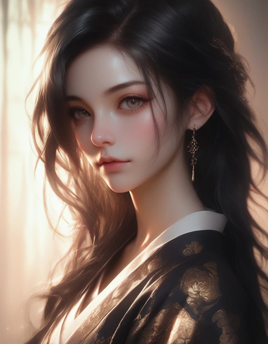 detailed portrait of a beautiful woman, long black hair, detailed skin texture, wearing a long black kimono, extremely detailed face, beautiful eyes, high quality, digital painting, photorealistic, 8k, intricate details, delicate features, soft lighting, warm color palette, graceful pose, serene expression