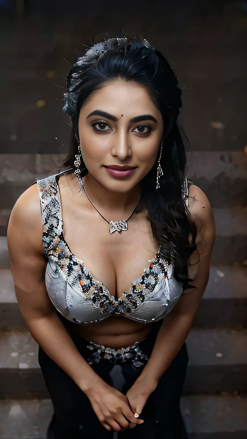 from bottom view, extreme close up photo of pooja hegde, hourglass figure, swooping breasts, deep cleavage, open arms, sexy armpits, standing on stairs and having sex with big penis with wide open spread legs, nipples, ass, black bra, necklace, ((best quality)), masterpiece, 8k wallpaper, nikon, cinematic lighting, (photorealistic:1.4)