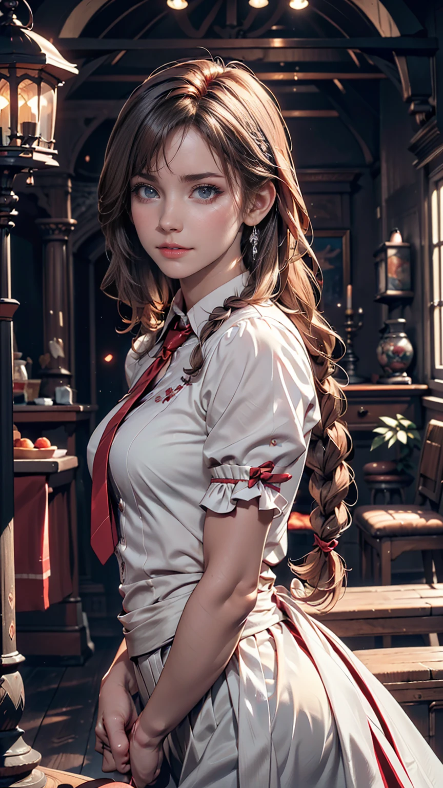 (8k, High resolution, High resolution), ((((photograph, RAWphotograph, Hyperrealism, masterpiece, Highest quality, ultra High resolution)))), (Pin Light, Backlight, Backlight, Cinematic Light), Sharp focus:1. 4, (Hyper Detail, In detail), face close, close,, One girl, Oval face with cat-like eyes, Small, plump lips, Straight and pretty nose, Cheekbones are slightly red, Thick eyebrows and long, beautiful eyelashes、Double braid in low position((low twin braids))、Silver Hair、Tie with ribbon