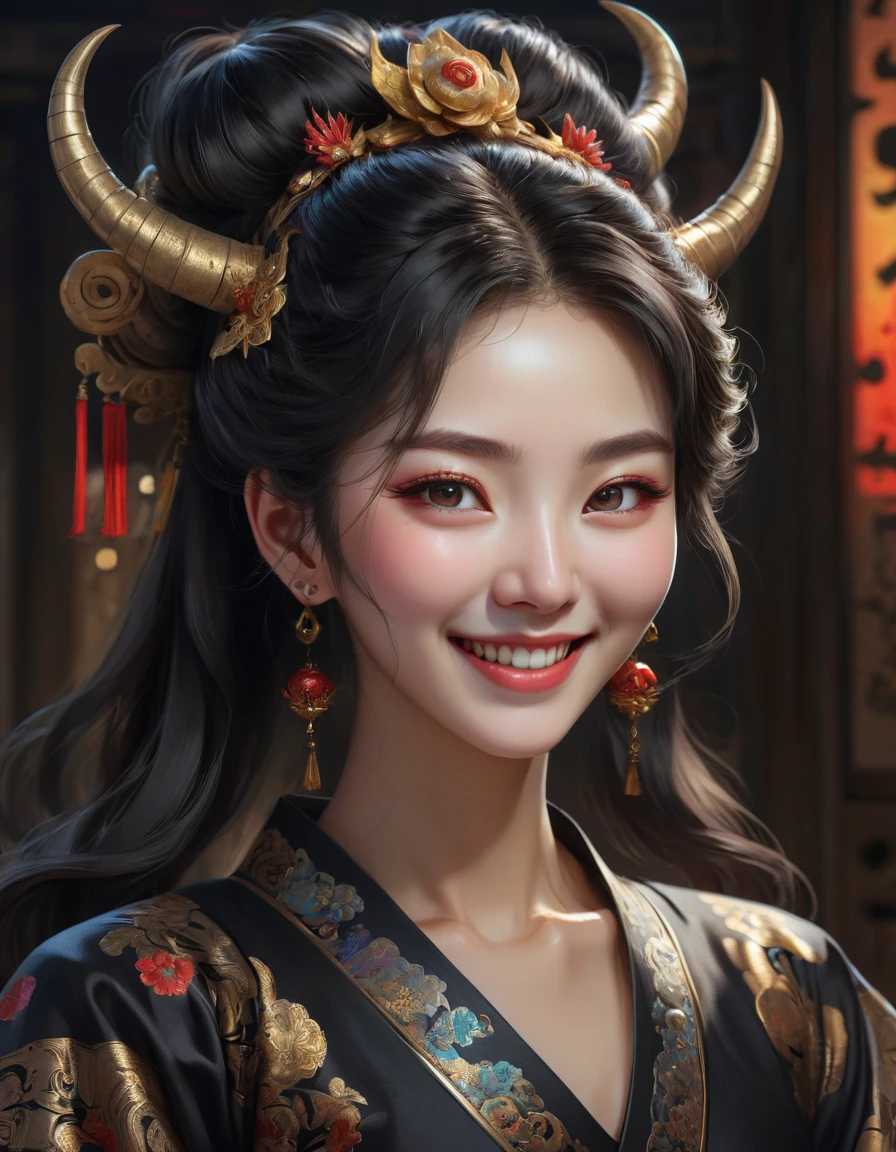 A devilishly smiling ancient Korean woman wearing a black dress, highly detailed anime art, hyper-realistic, 8k, extremely detailed face, beautiful detailed eyes, beautiful detailed lips, long eyelashes, intricate hair, dramatic lighting, cinematic composition, vibrant colors, digital painting, masterpiece