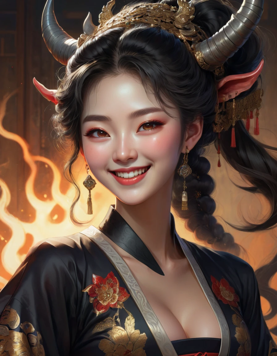 A devilishly smiling ancient Korean woman wearing a black dress, highly detailed anime art, hyper-realistic, 8k, extremely detailed face, beautiful detailed eyes, beautiful detailed lips, long eyelashes, intricate hair, dramatic lighting, cinematic composition, vibrant colors, digital painting, masterpiece