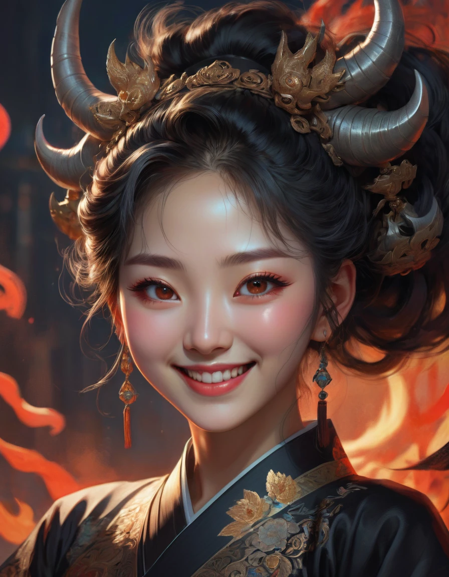 A devilishly smiling ancient Korean woman wearing a black dress, highly detailed anime art, hyper-realistic, 8k, extremely detailed face, beautiful detailed eyes, beautiful detailed lips, long eyelashes, intricate hair, dramatic lighting, cinematic composition, vibrant colors, digital painting, masterpiece
