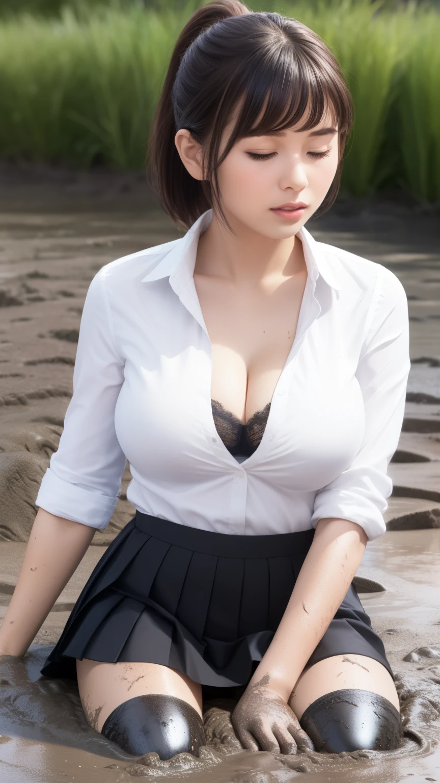 1girl, natural lighting, masterpiece, highly detailed, illustration, game CG, absurdres, high quality, aichan, (large breasts), short hair, ponytail, lightly curled hair, bangs, glossy lips, collarbone, white button-up shirt, black pleated miniskirt, cleavage, (lace bra:0.8), (sinking in mud), eyes closed