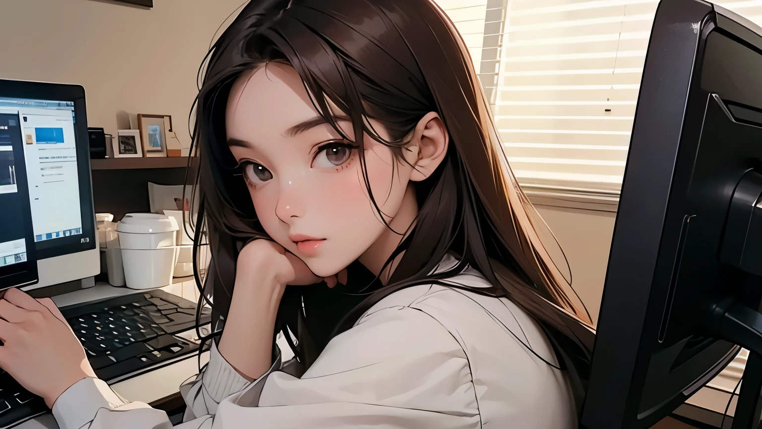 One beautiful woman。Dark brown hair。She is looking defiantly at the camera。She is sitting in front of her computer at home.。
