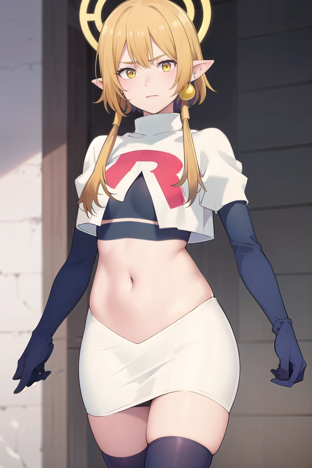 (Masterpiece), (realistic skin texture), extremely detailed, best quality, woman, short hair, blonde hair, yellow eyes, long twintails, pointy ears, halo, gold and purple earrings, team rocket,team rocket uniform,white skirt,red letter R,crop top,black thigh-highs,black elbow gloves