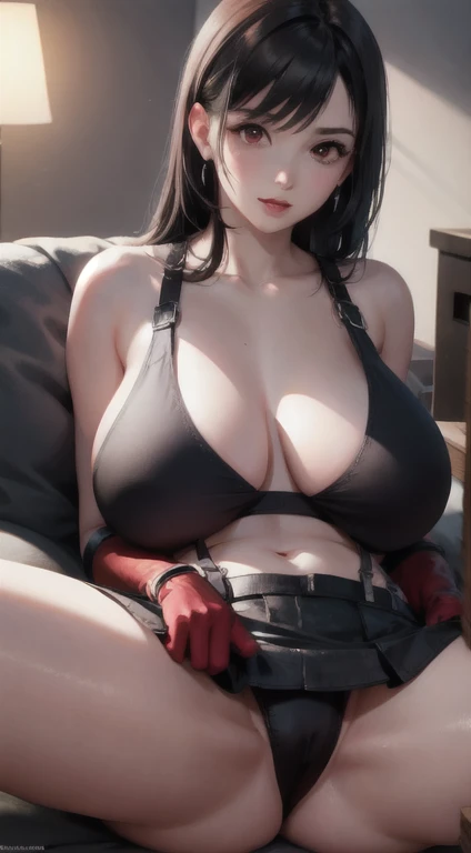 Tifa Lockhart, Tifa_Lockhart, FF7, Sexy Face, (White tank top:1.2), Black Latex Mini Skirt, (Long black hair), bangs (Red eyes:1.3) Long eyelashes, beautiful Red eyes with brightness, Atmospheric perspective, Cinema Lighting, Ray Tracing, 8k, Super Detail, Highest quality, masterpiece, More information, Modern industrial apartment, red combat gloves, Big Breasts, slim, Big Breasts, Huge , Spread your legs, White T-back, White tank top, Black mini skirt, suspenders, stockings