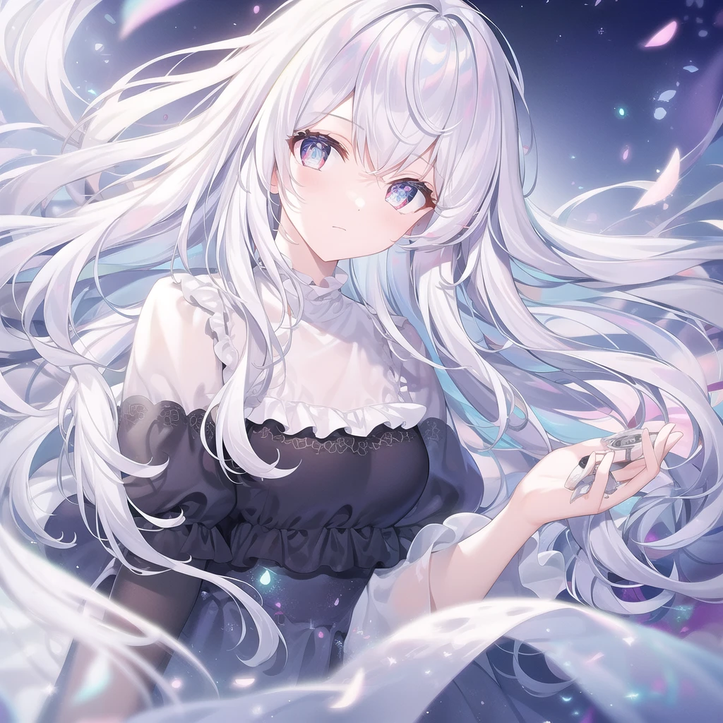 ((masterpiece, best quality))++, Detailed lighting+, Detailed hair+, Detail hand+ ,1 girl, Miss, Long hair, Crimson eyes, beautiful eyes, young white hair,,(Beautiful white hair:1.5),(Beautiful and delicate eyes), high resolution+,glass tint, Reflective eyes, {{angle}} , Very detailed wallpaper, The original, Air bangs,Extremely beautiful CG,Firefly,Galaxy,Shattered like a mirroghting,Galaxy