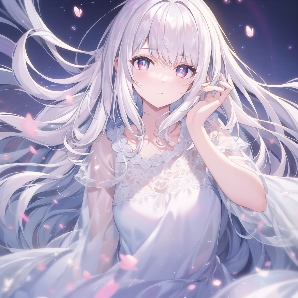 ((masterpiece, best quality))++, Detailed lighting+,  Detailed hair+, Detail hand+ ,1 girl, Miss, Long hair,   Crimson eyes,  beautiful eyes, young white hair,,(Beautiful white hair:1.5),(Beautiful and delicate eyes),  high resolution+,glass tint, Reflective eyes,   {{angle}} , Very detailed wallpaper, The original, Air bangs，Extremely beautiful CG，Firefly，Galaxy，Shattered like a mirroghting，Galaxy